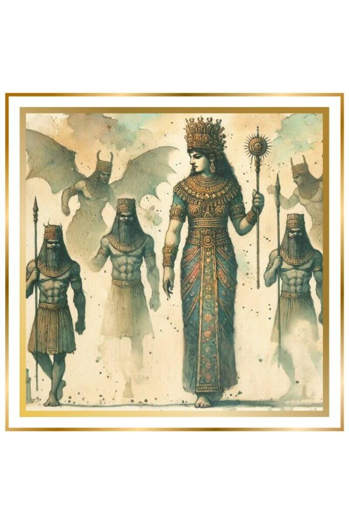 Watercolor image of Inanna walking tall with a figure in front holding a scepter and another behind carrying a mace. Small galla demons surround her, and large galla demons encircle them. The atmosphere is dark and foreboding, depicted in muted pastel colors of deep indigo, gold, earthy green, and brown.