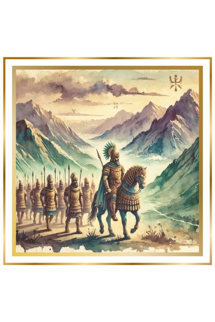 A high-quality watercolor painting of a mighty Sumerian army marching through the Zagros Mountains, led by a majestic king. The scene features muted pastel colors with deep indigo, gold, earthy green, and brown, and includes subtle Sumerian symbols in the sky.