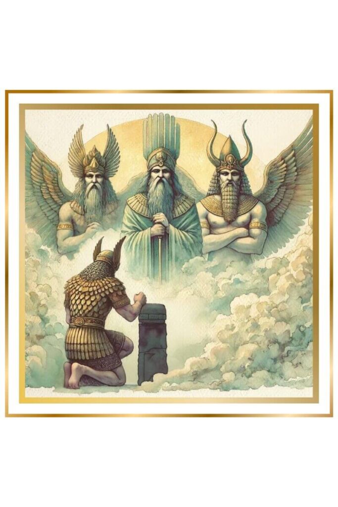 A high-quality watercolor painting of a Sumerian warrior Lugalbanda kneeling before an altar, with four deities shrouded in clouds in the sky,