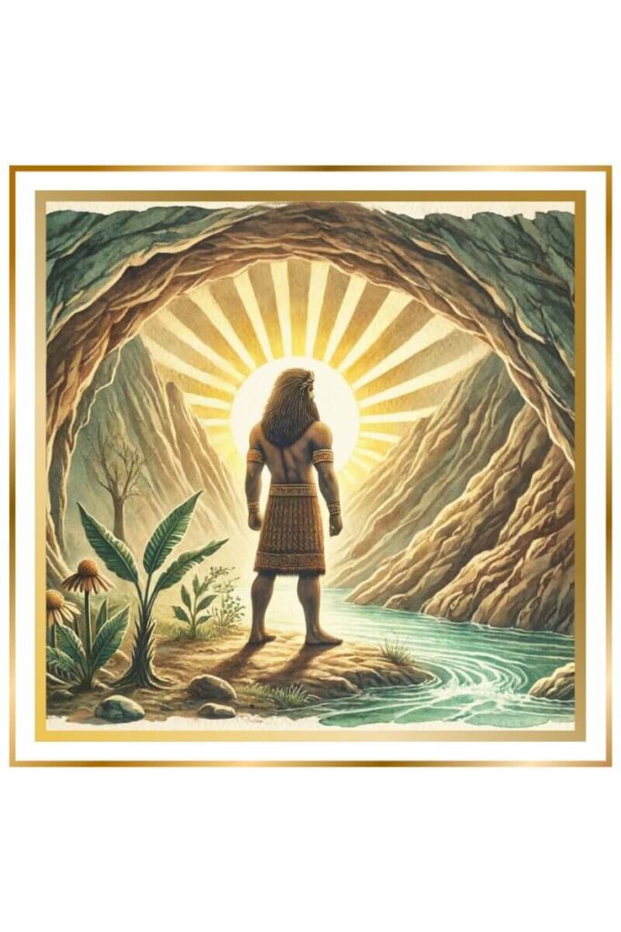 A high-quality watercolor painting of Lugalbanda standing at the mouth of a cave, bathed in the golden light of the rising sun. Rugged mountains and healing plants surround him, with a clear stream flowing nearby.