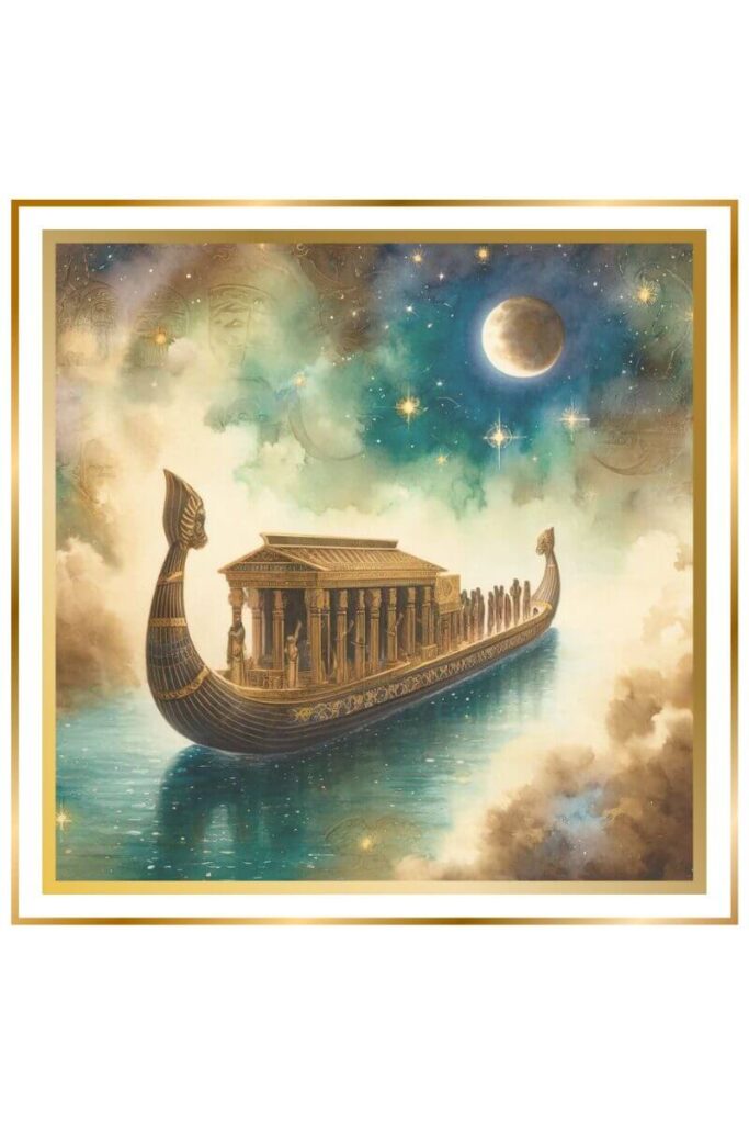 A high-quality watercolor painting of a magnificent barge adorned with moon and star symbols, floating in a cosmic river with Sumerian symbology. The scene is rendered in muted pastel colors.