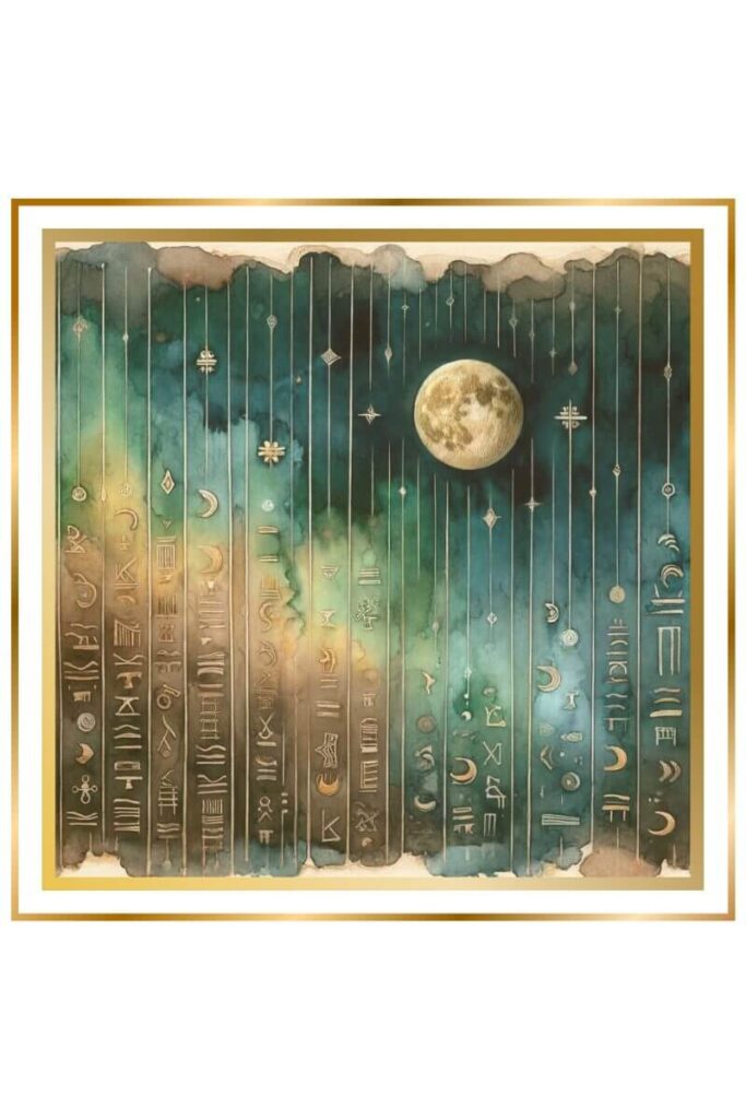 A high-quality watercolor painting depicting the moon's passage over the night sky, surrounded by Sumerian symbols. The scene uses muted pastel colors of deep indigo, gold, earthy green, and brown.