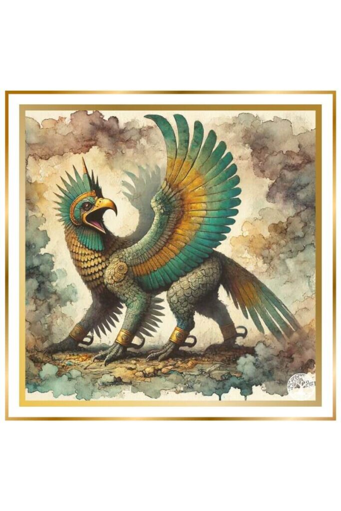 Watercolor painting of the giri-ilu bird depicted as a large, scary bird shrouded in fearsome surrounding, using muted pastel colors of deep indigo, gold, earthy green, and brown.