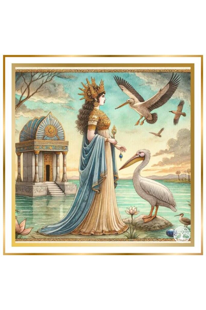 Watercolor illustration of the goddess Nanše standing by a river with a lapis lazuli shrine, a pelican beside her, and various birds flying in the sky, using muted pastel colors of deep indigo, gold, earthy green, and brown.