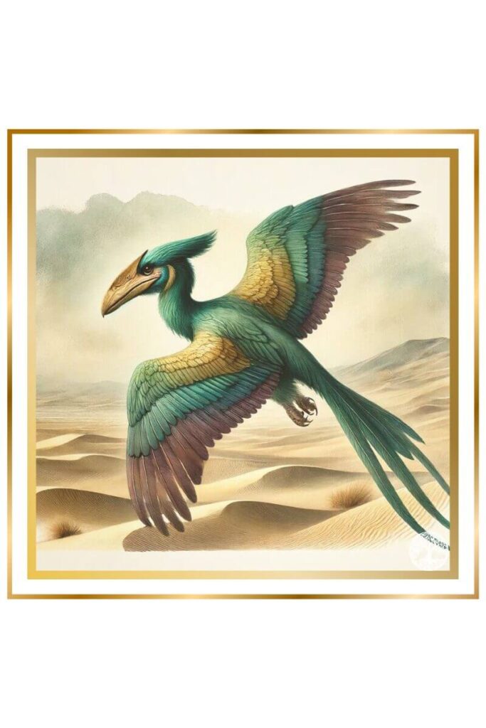 Watercolor painting of the majestic niĝgurmudum bird, resembling a Pteranodon, soaring over the desert of Keš with muted pastel colors of deep indigo, gold, earthy green, and brown.