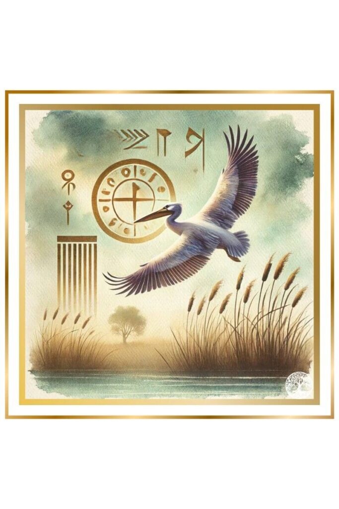 Watercolor painting of a majestic pelican flying out of the reeds with Sumerian symbols in the sky, using muted pastel colors of deep indigo, gold, earthy green, and brown.