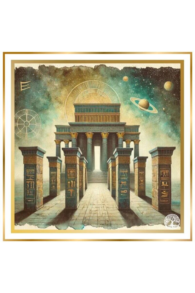 Watercolor painting of a grand palace in the world of the dead, surrounded by seven gates, set in a dark and gloomy realm with Sumerian symbols in the background and the cosmos in the sky, in muted pastel colors of deep indigo, gold, earthy green, and brown.