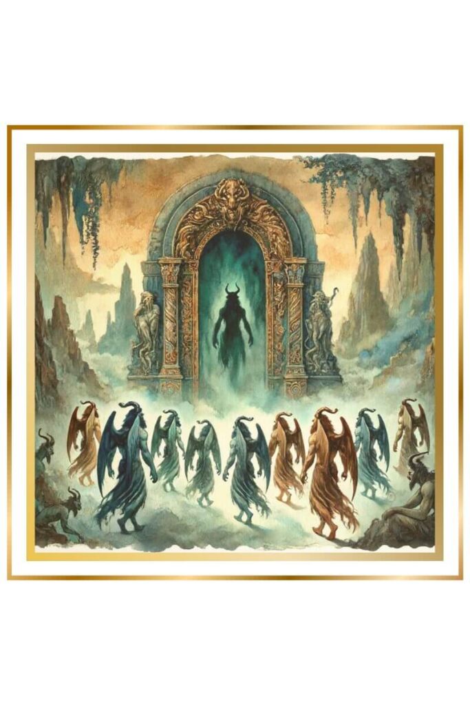 A high-quality watercolor painting of Nergal descending into the dark, eerie underworld, accompanied by fourteen demons. The scene includes an ancient and formidable gate to the underworld, shrouded in shadows and mist. The colors are muted pastels with deep indigo, gold, earthy green, and brown.