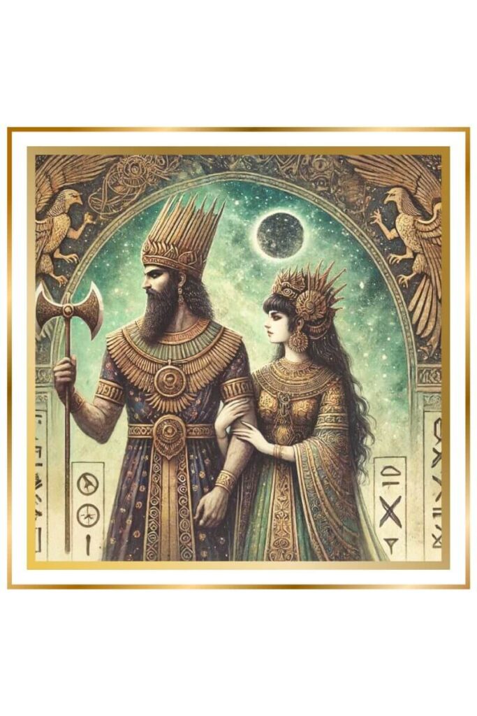 A high-quality watercolor painting depicting the union of Nergal and Ereshkigal. Nergal, the powerful god of war, stands beside Ereshkigal, the queen of the underworld. Both are dressed in regal attire, with Ereshkigal wearing a horned headdress and Nergal holding a double-edged axe. The background features Sumerian symbols and a cosmic backdrop, with muted pastel colors of deep indigo, gold, earthy green, and brown.