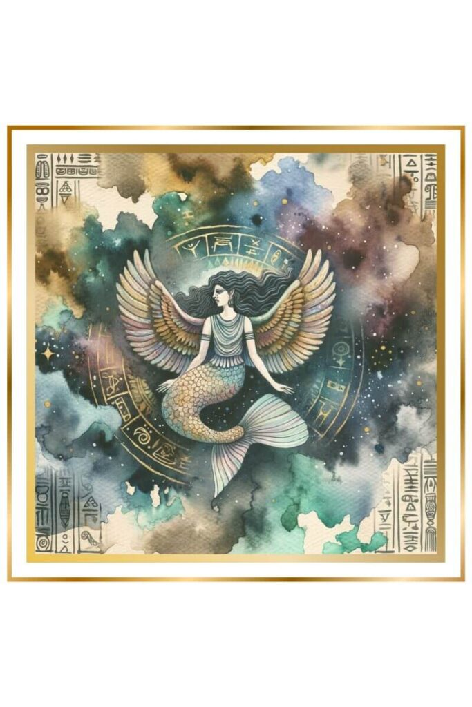 A high-quality watercolor painting of an ethereal mermaid, half fish and half woman, suspended between the heavens and earthly realms. The background is filled with chaos and Sumerian symbols, using muted pastel colors of deep indigo, gold, earthy green, and brown.