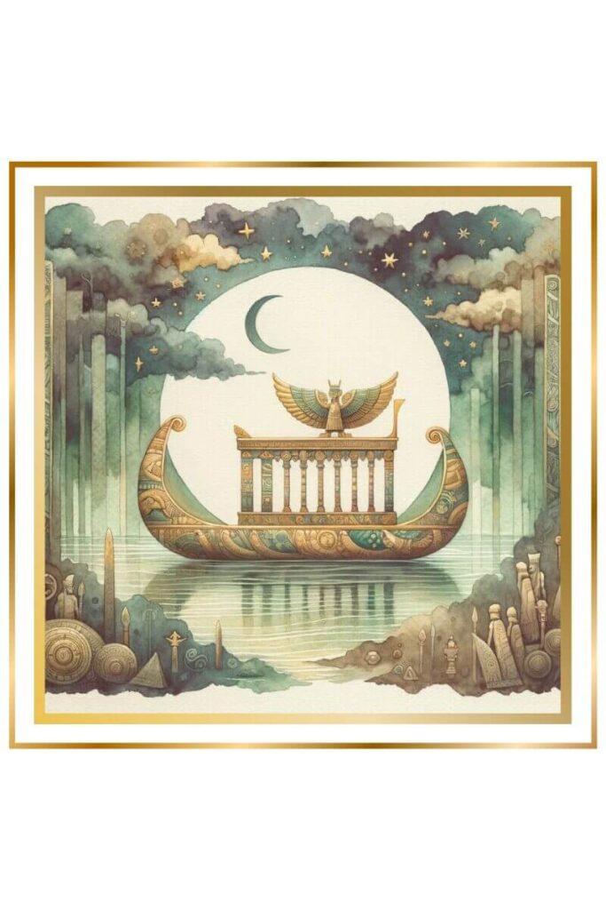 Watercolor image of an enchanted Magilum boat standing on a mystical river that separates the realms of the living and the dead, surrounded by an ethereal atmosphere.