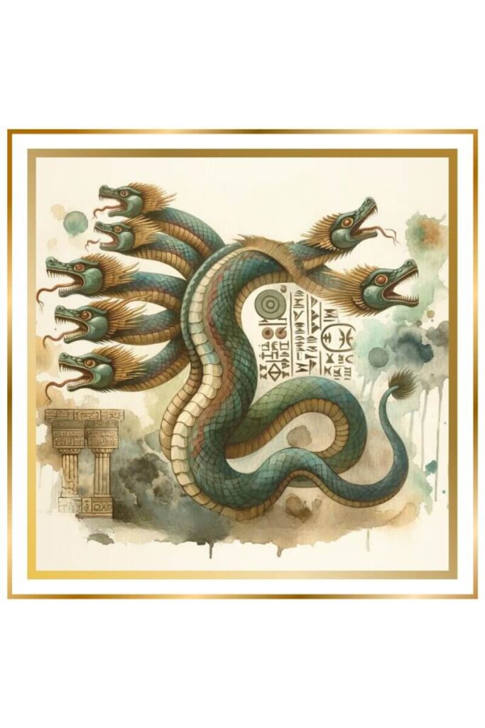 Watercolor image of a serpent dragon with seven deadly and fearsome heads, embodying chaos and destruction, with ancient Sumerian symbols in the background.