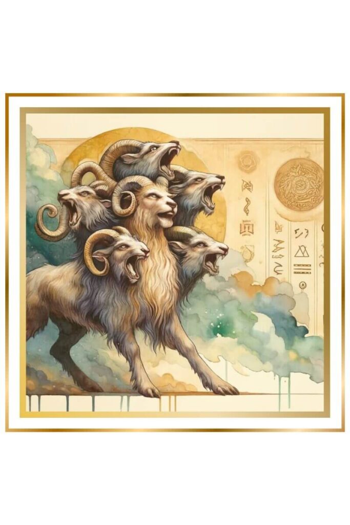 Watercolor image of a wild ram with six fierce, untamed heads roaring amidst the heavens, with chaotic elements and Sumerian symbols in the background.