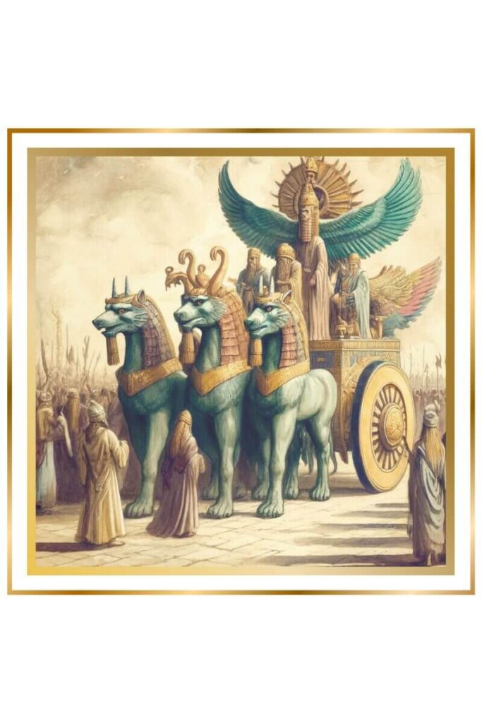 Watercolor image of Ninurta's grand chariot procession through an ancient city, adorned with mythical creatures and greeted by the people of Sumer.