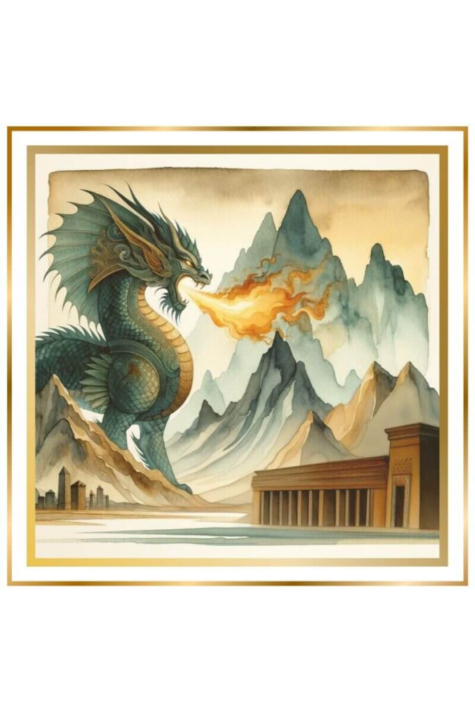 Watercolor image of a majestic dragon, fierce with anger and spitting out fire, set against the backdrop of huge mountains and a fortress deep within the mountains.