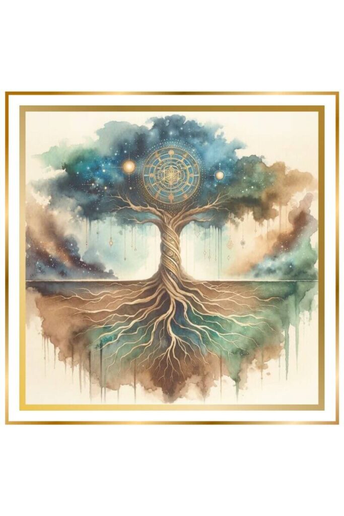 Watercolor illustration of the mes tree, symbolizing Enki, with deep roots in the underwater Abzu and branches extending into the heavens, painted in muted pastel colors of indigo, gold, green, and brown.