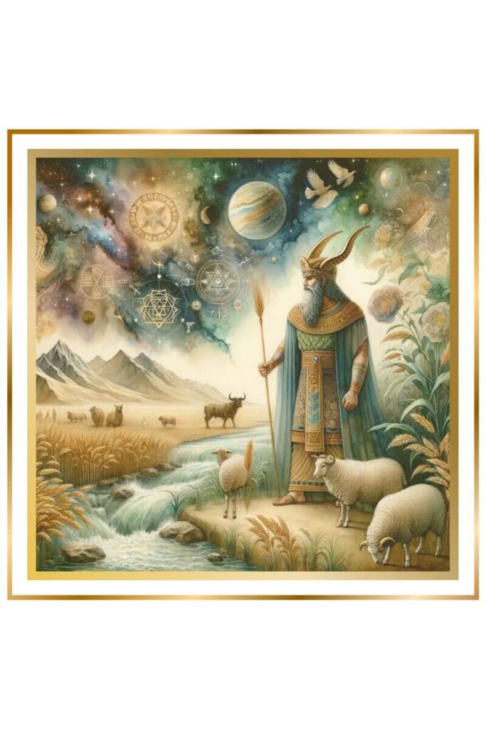 Watercolor painting of Enki in deep indigo, gold, green, and brown, standing amidst rivers, mountains, and wildlife, with a cosmic background featuring Sumerian symbols and celestial bodies.