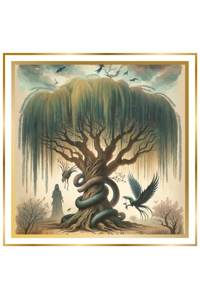 A majestic huluppu willow tree with a dark, magic-immune snake coiled around its roots, an Anzu bird with the head of a lion and wings of an eagle in its branches, and Lilith, the phantom maid, visible inside the trunk. The image is rendered in high-quality watercolor with muted pastel colors of deep indigo, gold, earthy green, and brown.