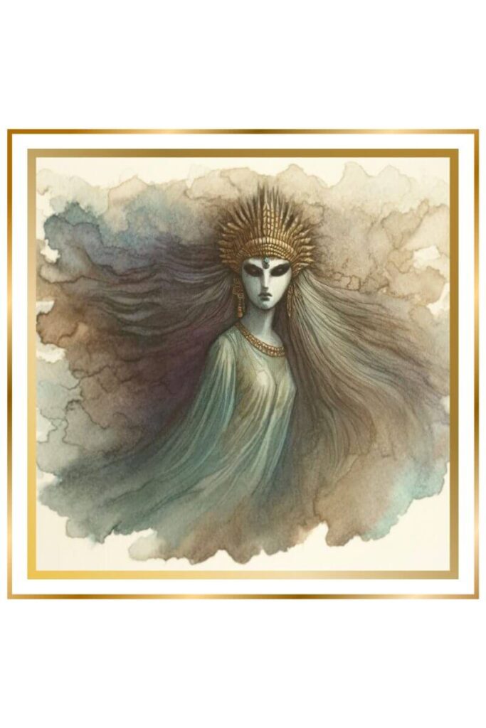 A watercolor image of Lilith, known as Kisbil-Lilla, the Phantom Maid, depicted as a ghostly, ethereal figure with haunting features and deep, knowing eyes. She moves silently through the shadows, blending ethereal beauty and dark power.