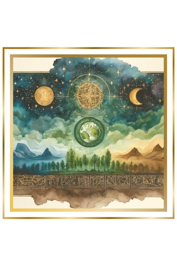 A watercolor image depicting the three realms of heavens, earth, and the underworld. The heavens are shown with stars and cosmic elements, the earth with lush landscapes and trees, and the underworld with dark, mysterious caves. Sumerian symbols are subtly integrated into the background