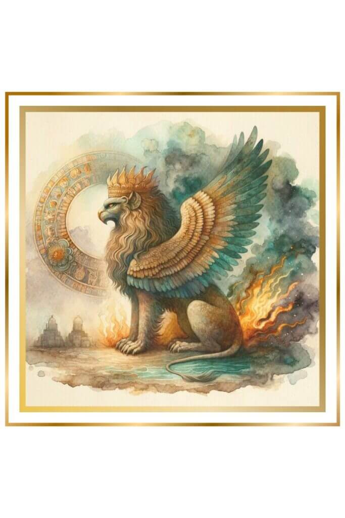 A high-quality watercolor image of Anzu, the demon bird with a lion's head and an eagle's body, depicted in muted pastel colors of deep indigo, gold, earthy green, and brown.