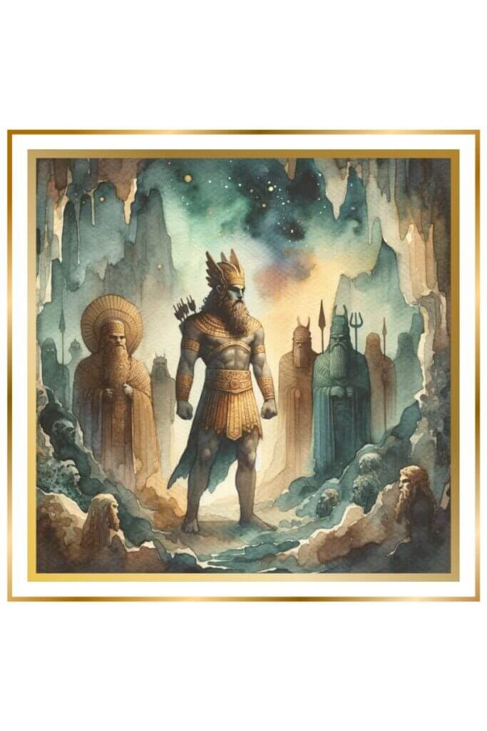 A high-quality watercolor image of Ninurta, the warrior god, standing amidst the Anunnaki gods in the abyss. The scene is depicted in muted pastel colors of deep indigo, gold, earthy green, and brown.