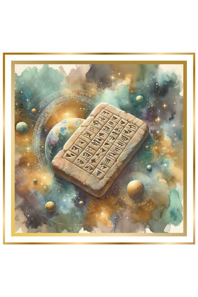 A high-quality watercolor image of the Tablets of Destiny with cuneiform script, set against a background of the world and universe in muted pastel colors of deep indigo, gold, earthy green, and brown.