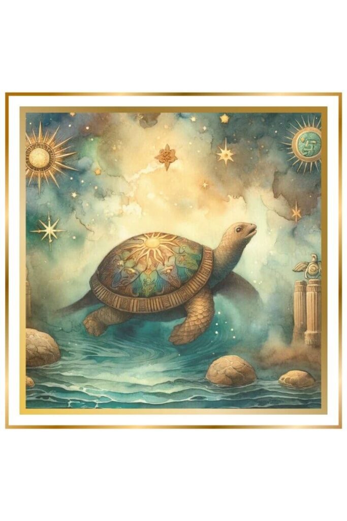 A high-quality watercolor image of a magical turtle created from the clay of the abyss, surrounded by mysticism and waters in muted pastel colors of deep indigo, gold, earthy green, and brown.