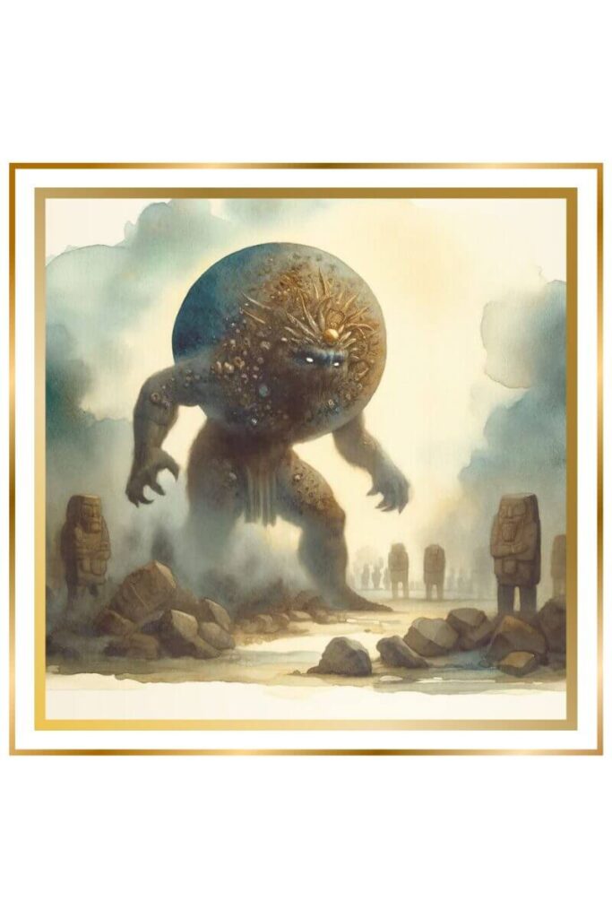 Watercolor painting of Asag, a fearsome creature with a round, stony body, three legs, and three arms, leaving destruction in its wake with an army of stone warriors in the background. Painted in muted pastel colors of deep indigo, gold, earthy green, and brown.