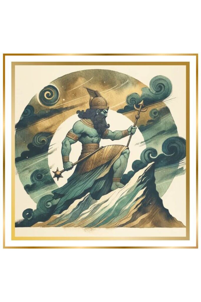 Watercolor illustration of Ninurta, the mighty warrior god, climbing a mountain with whirlwinds behind him. He is strong and powerful, holding a mace and a lance.