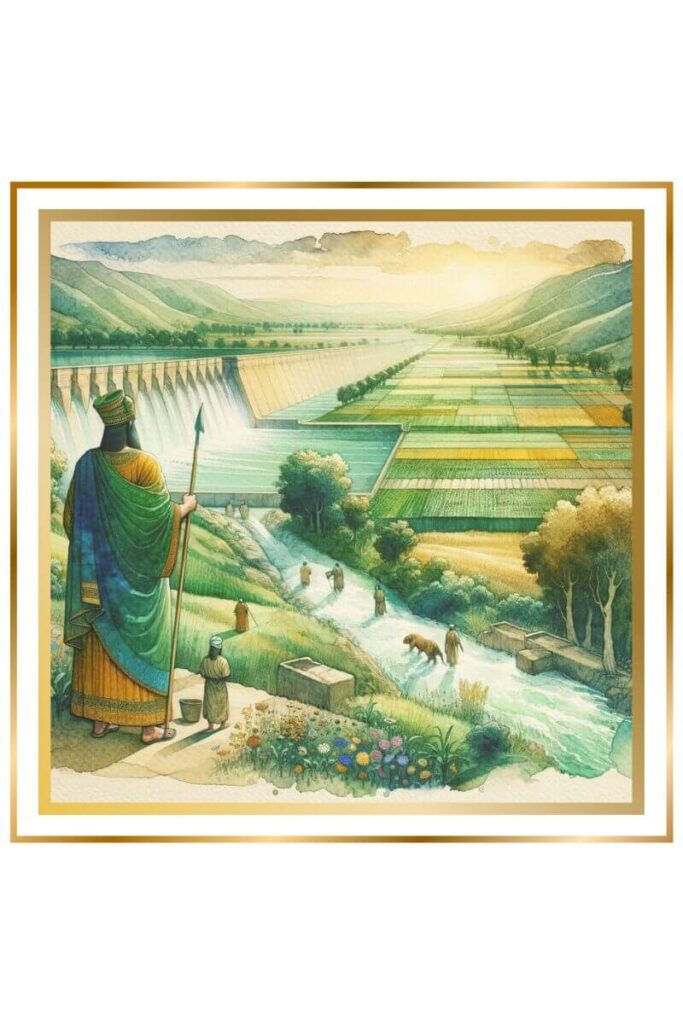 Watercolor painting of Ninurta standing beside a newly built dam, with water flowing into lush, green fields. Farmers work happily in the vibrant landscape filled with healthy crops. Painted in muted pastel colors of deep indigo, gold, earthy green, and brown.