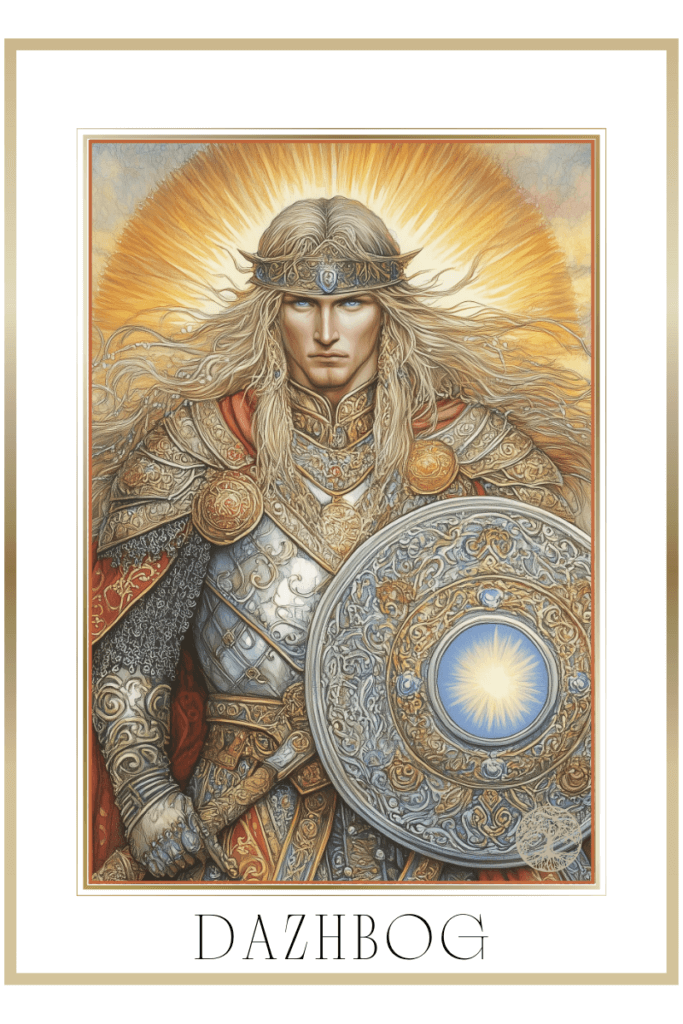 A majestic depiction of Dazhbog, the Slavic sun god, wearing golden armor and holding a radiant shield with a glowing sun symbol.