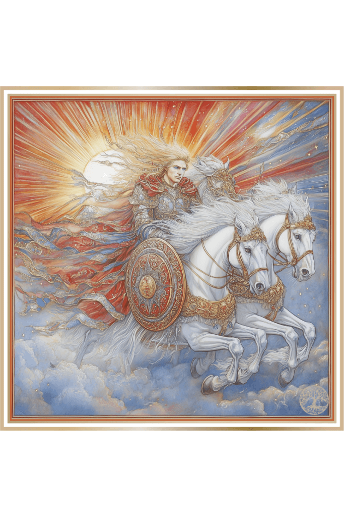 Dazhbog, the Slavic sun god, rides a chariot of white horses across the sky, surrounded by rays of sunlight and adorned in golden armor.