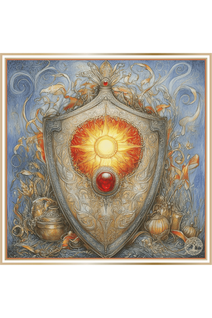 Ornate shield symbolizing Dazhbog, the Slavic sun god, featuring a radiant solar disk and red gemstone surrounded by autumnal elements.