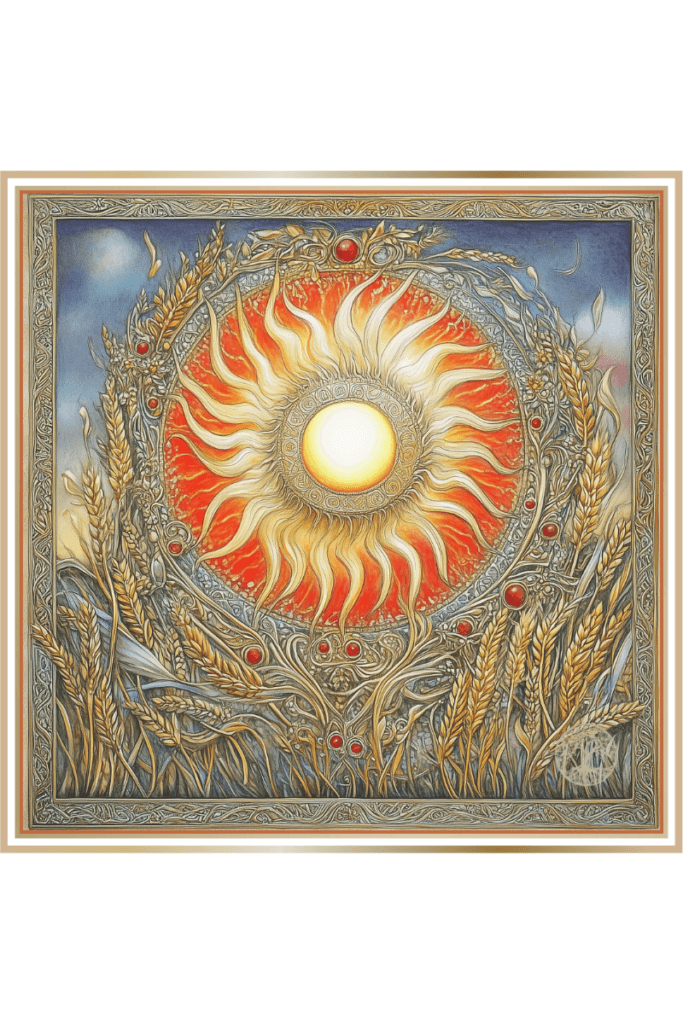 Intricate symbol of Dazhbog, the Slavic sun god, featuring a radiant solar disk surrounded by golden wheat and red gemstones.