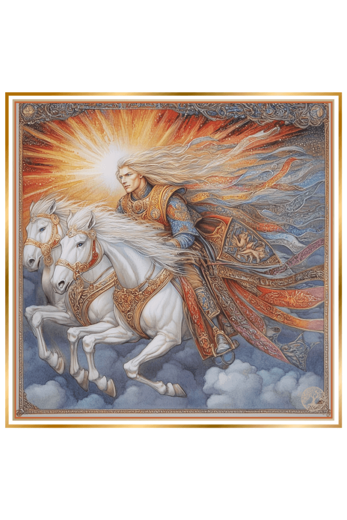 Dazhbog, the Slavic sun god, depicted as a golden-armored figure riding a chariot pulled by two white horses through the sky, with radiant sunlight streaming behind him.