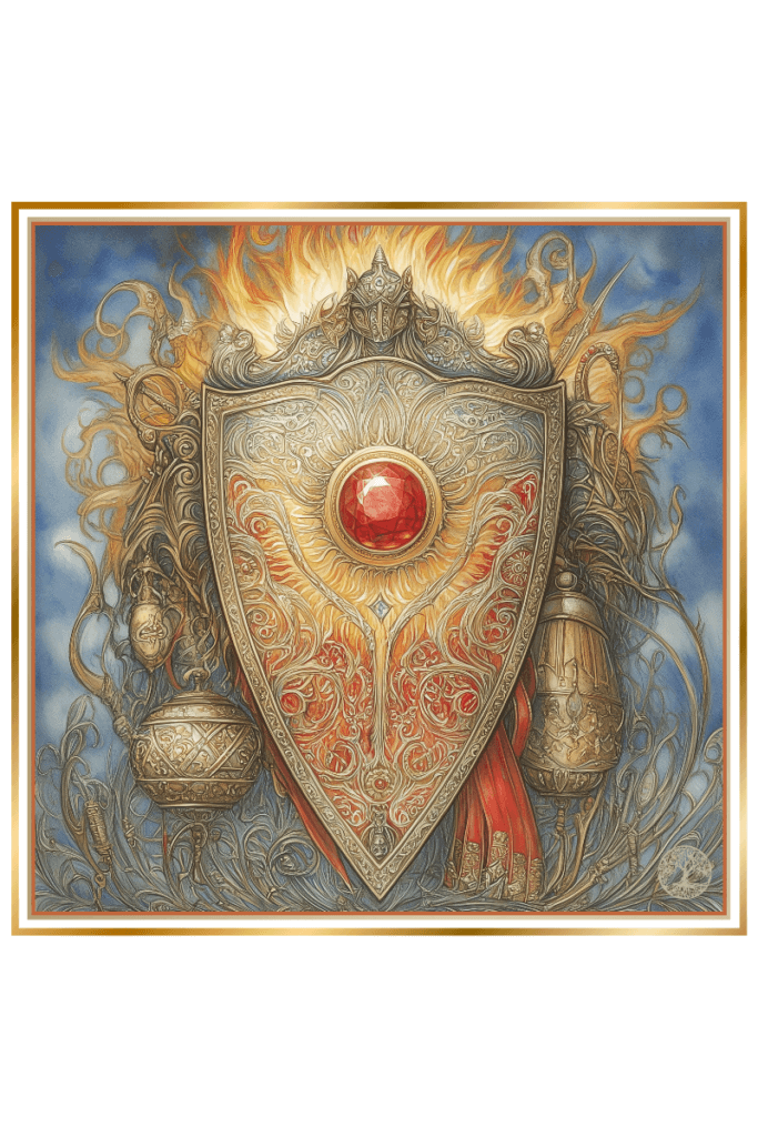 A richly adorned shield symbolizing the Slavic sun god Dazhbog, featuring intricate golden patterns and a large central ruby, with flames radiating from the top, symbolizing divine power and protection.