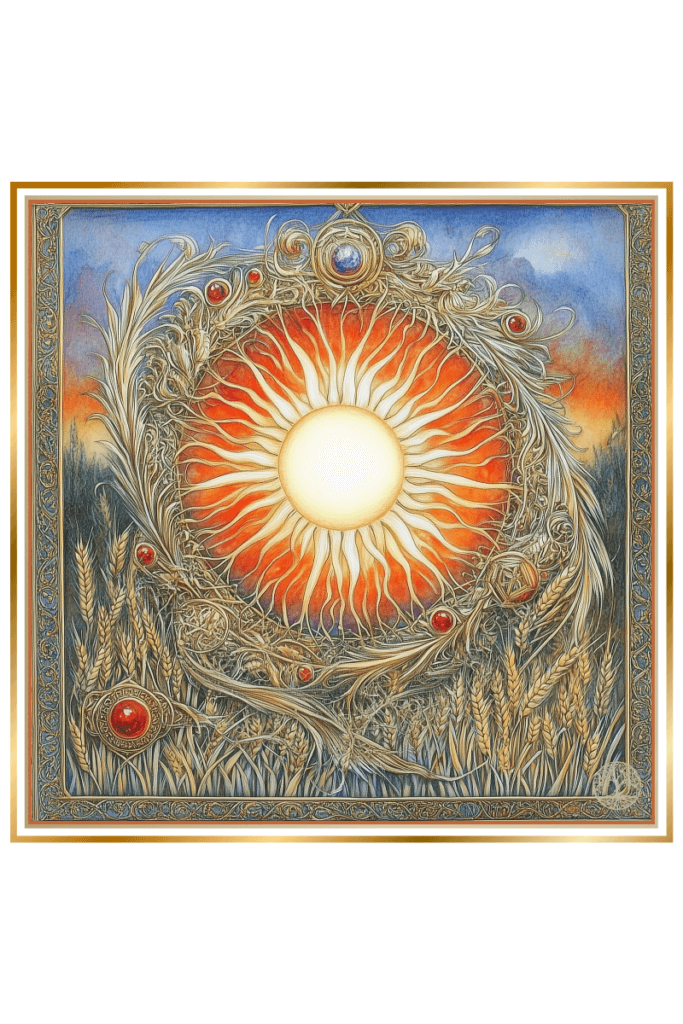 A detailed depiction of the Slavic sun god Dazhbog's symbol, featuring a radiant solar disk surrounded by golden wheat stalks and intricate ornaments. The image is framed by an ornate border with mystical symbols, evoking a sense of ancient power and divine abundance.