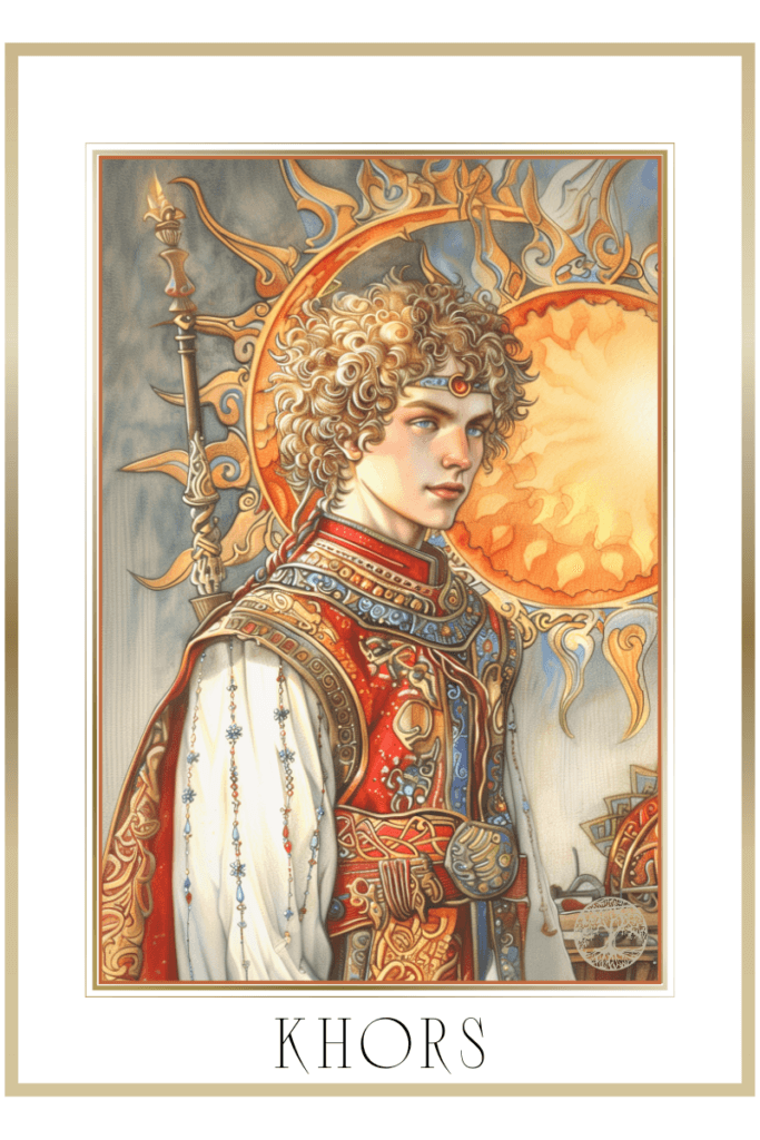 An artistic depiction of Khors, the Slavic sun god, shown as a young man with curly hair, adorned in ornate clothing, standing in front of a radiant sun symbol. A chariot with intricate designs is visible behind him.