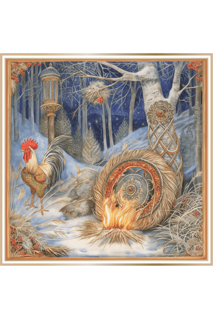 A detailed illustration of Slavic symbology related to the sun god Khors. The scene features a rooster standing in a snowy forest next to a flaming wheel and a decorated pole wrapped with intricate patterns.