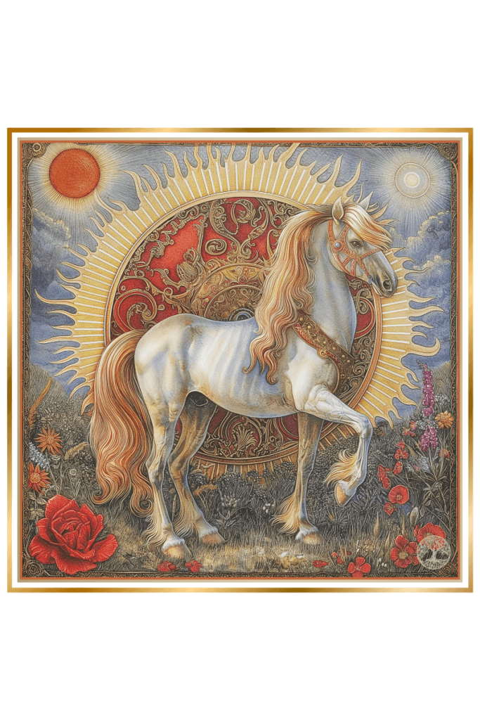 An intricate illustration depicting the symbols associated with Khors, the Slavic sun god. The scene features a majestic white horse standing before a radiant sun emblem, surrounded by blooming flowers.