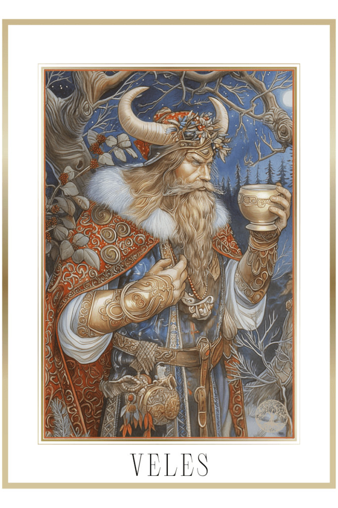 Veles, the Slavic deity, with bull horns, simple clothing, and a chalice of milk, surrounded by forest symbols and mystical elements.