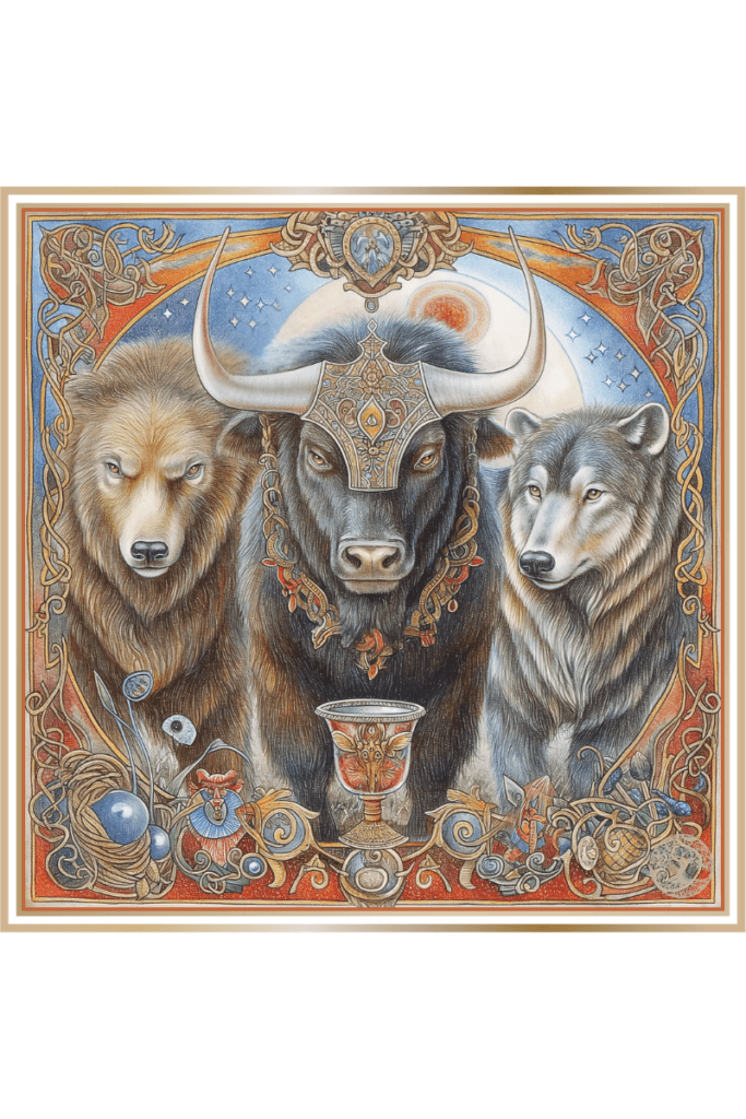 Symbols of Veles, the Slavic deity, featuring bulls with horns, a chalice of milk, a bear's paw, ritual figures with animal masks, a corn sheaf, copper offerings, and the celestial cow with the Milky Way.