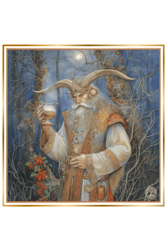 Veles Slavic God depicted with bull horns, simple clothing, and a chalice of milk, surrounded by forest symbols and mystical elements.