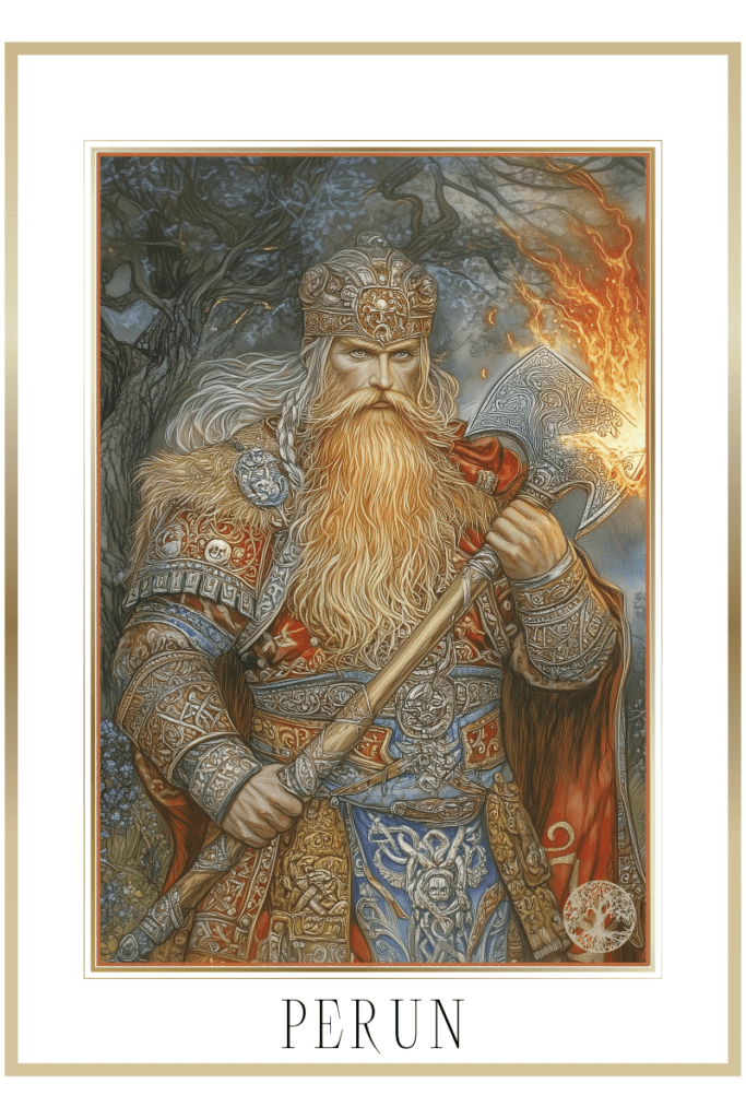 Perun, the Slavic god of thunder, depicted as a powerful warrior holding a flaming axe in an ancient forest.