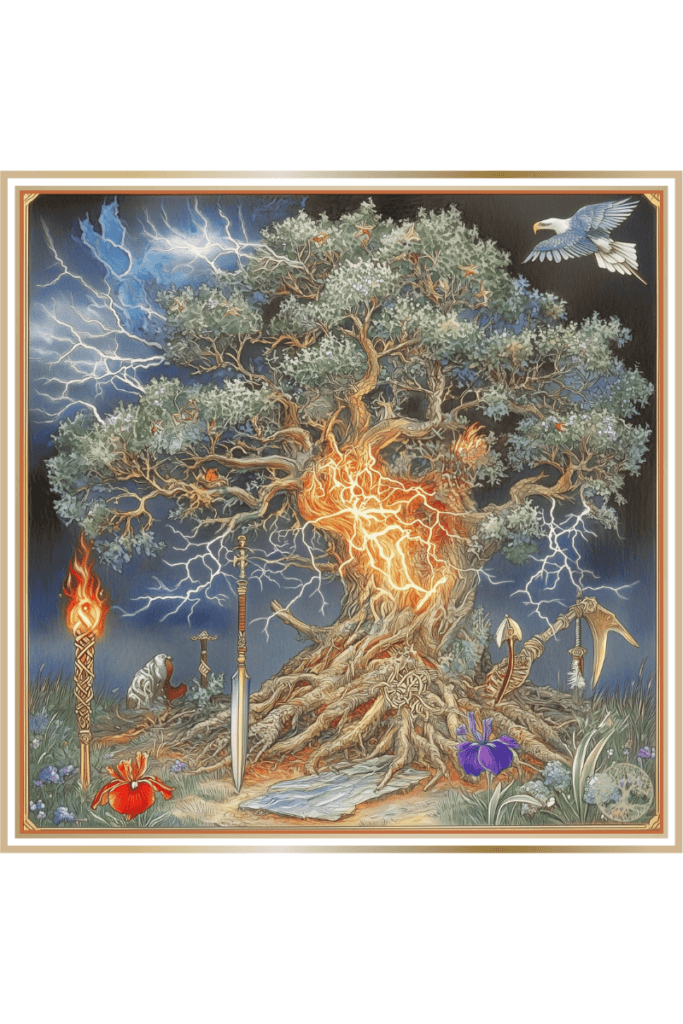 Sacred tree and lightning, surrounded by symbols and attributes associated with Perun, the Slavic god of thunder, including weapons, a torch, an eagle, and flowers.