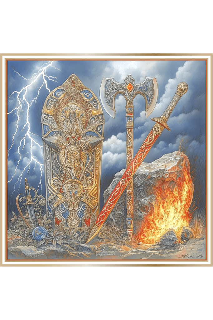 Ornate weapons and a shield associated with Perun, the Slavic god of thunder, including a decorative axe, sword, and shield set against a backdrop of lightning and fire.