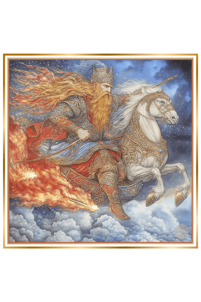 A powerful depiction of Perun, the Slavic god of thunder and war, riding a white horse through the sky, adorned in intricate armor with a flowing red beard and hair, wielding a flaming spear.