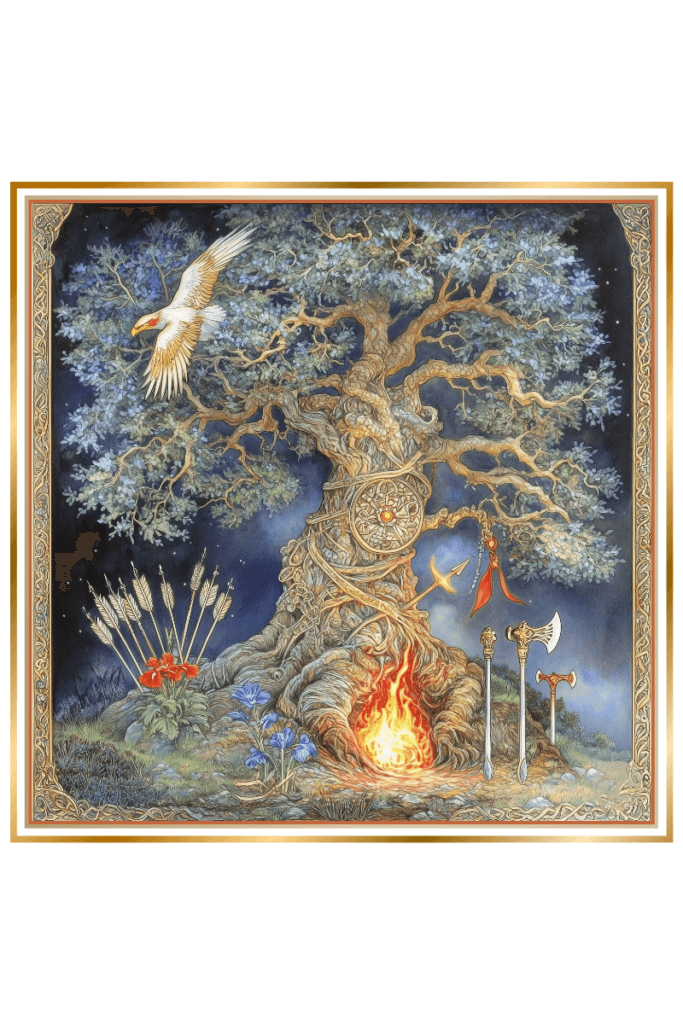 A mystical oak tree with sprawling branches, adorned with Slavic symbols of Perun, including an eagle perched above, a burning fire at its base, a circular wheel, and traditional weapons such as axes and arrows.