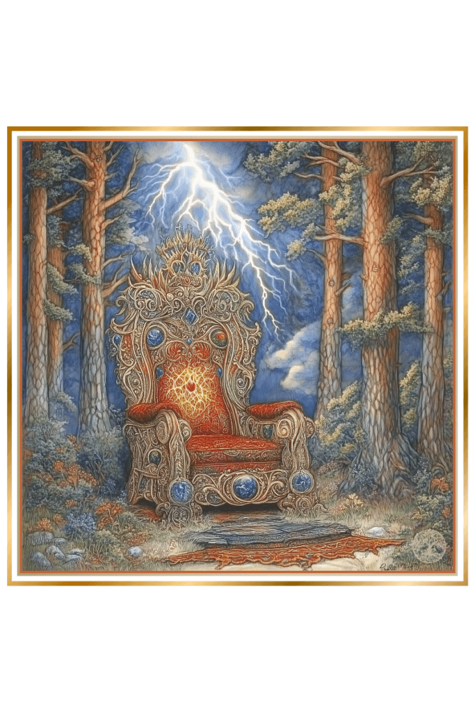 Ornate throne of Slavic god Perun in a mystical forest, surrounded by lightning.